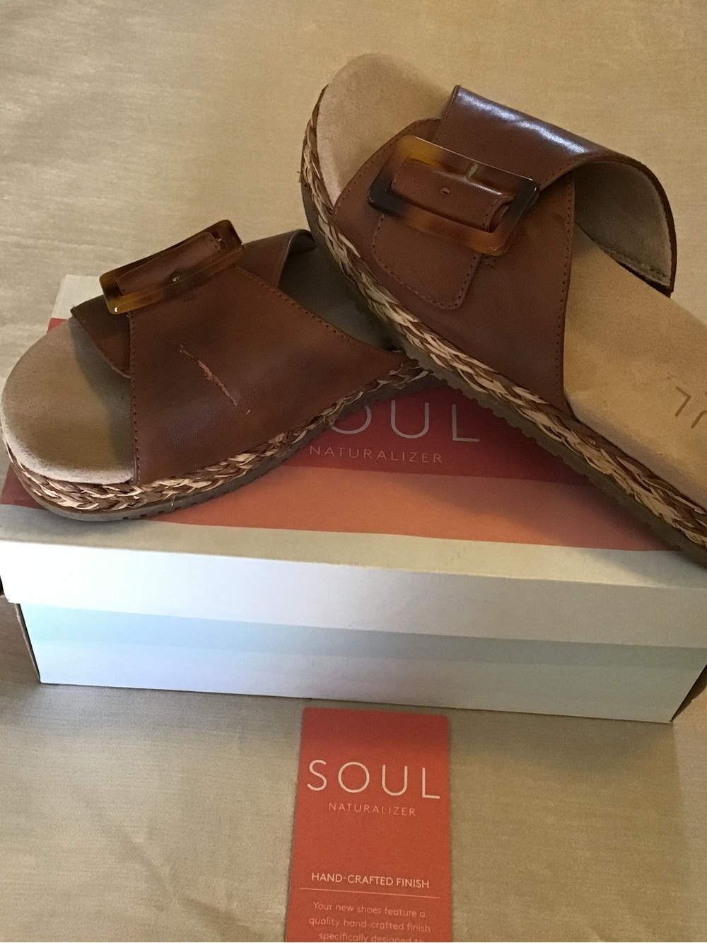 Naturalizer Brown Leather Slide Sandals with Tortoiseshell Buckles
